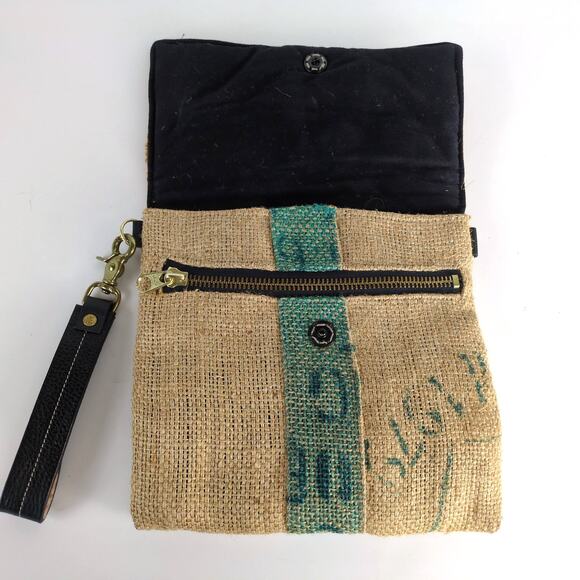 Upcycled Burlap Coffee Sack 11x10" Hand Bag Purse Italian Leather Strap Handle - Picture 3 of 8